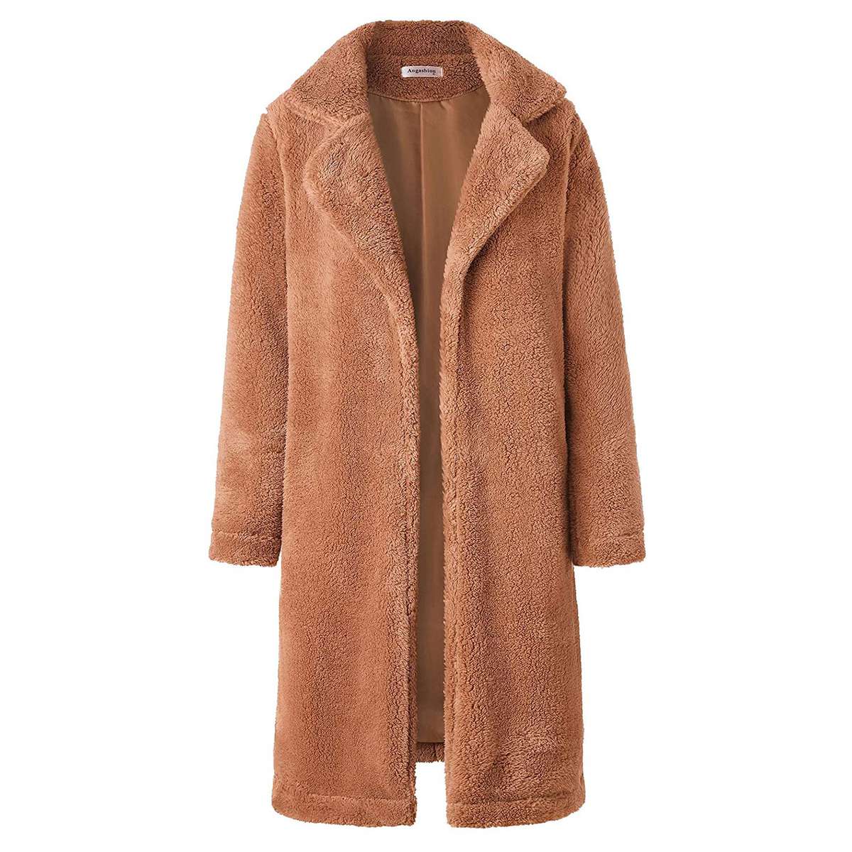 Angashion Women's Fuzzy Fleece Lapel Open Front Long Cardigan Coat Faux Fur