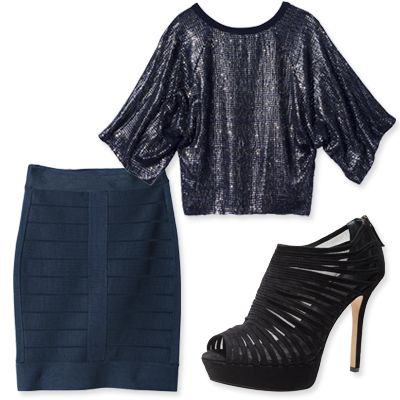 Peep-toes, skirt and sequined silk top