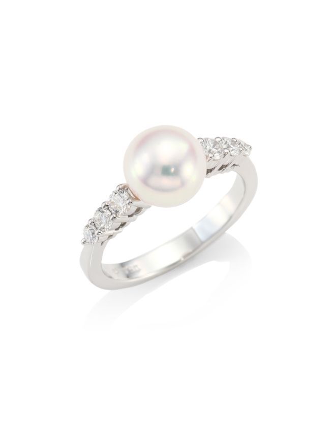 Mikimoto Morning Dew 8mm Cultured Pearl, Diamond & 18K White Gold Ring