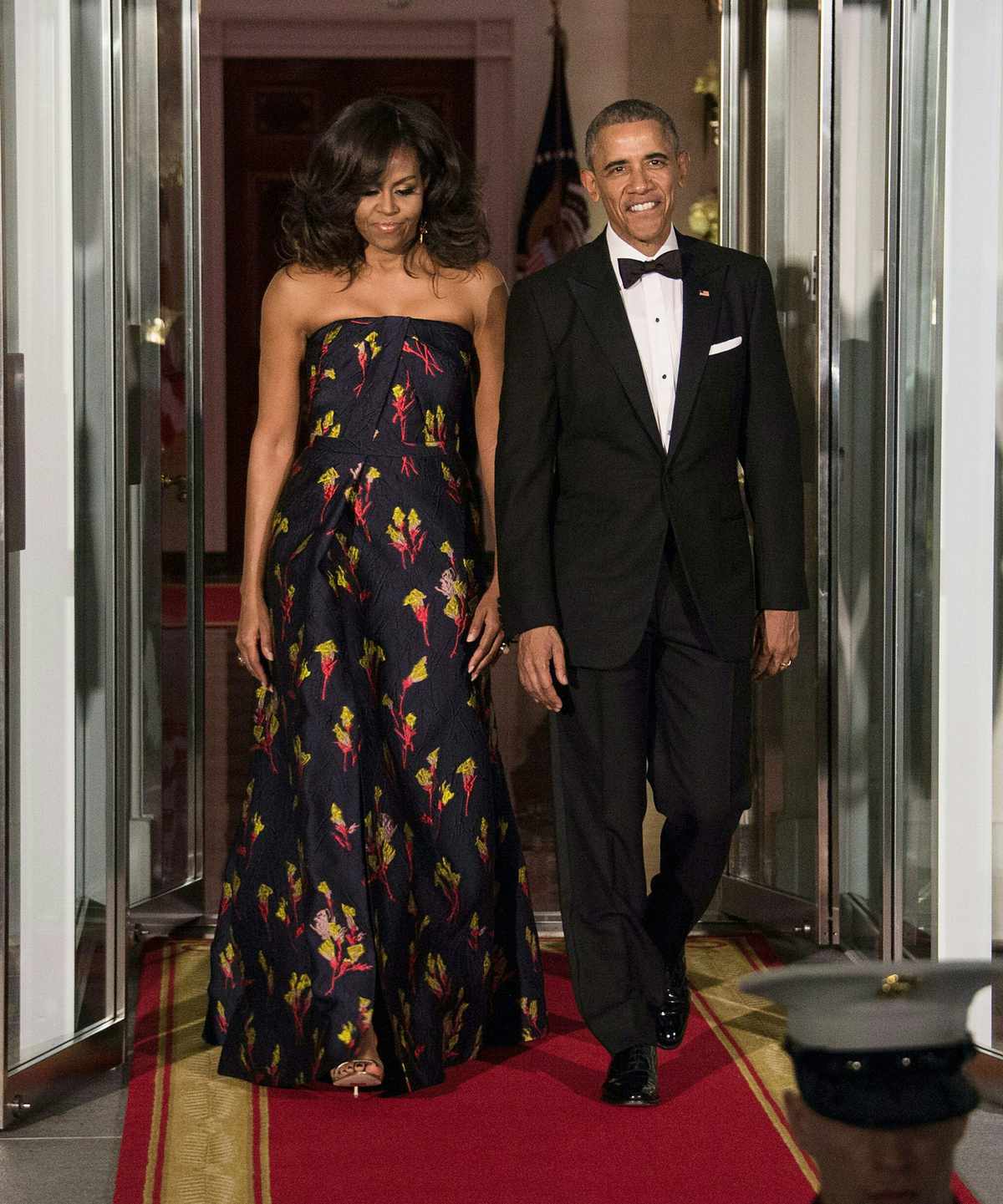 US President Barack Obama and First Lady Michelle Obama walk out to greet Canadian Prime Minister Justin Trudeau and his wife Sophie Gregoire Trudeau for a State Dinner in their honor at the White House in Washington, DC, on March 10, 2016.