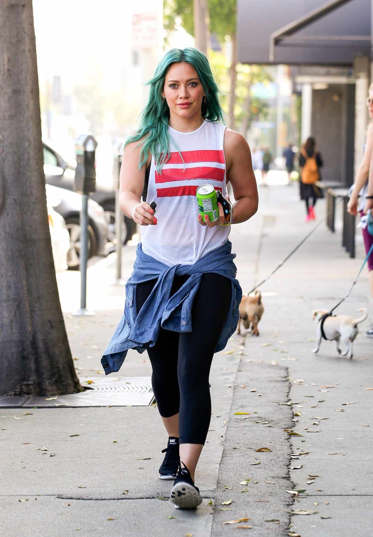 Hilary Duff is seen with a new aqua green hairdo on March 20, 2015 in Los Angeles, California.