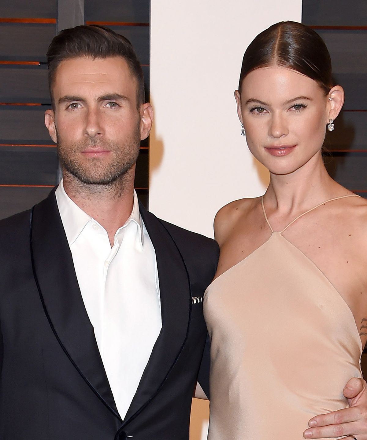Model Behati Prinsloo and musician Adam Levine arrive at the 2015 Vanity Fair Oscar Party Hosted By Graydon Carter at Wallis Annenberg Center for the Performing Arts on February 22, 2015 in Beverly Hills, California.