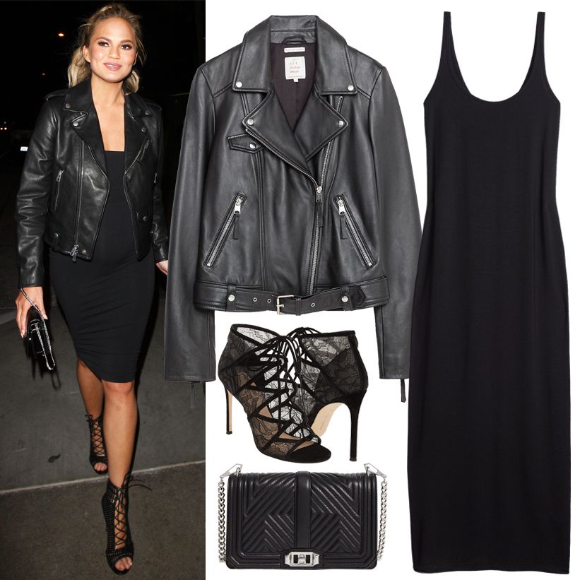 Fitted Knee-Length Dress + Leather Jacket
