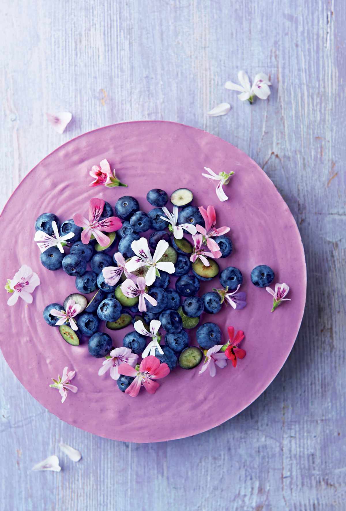BLUEBERRY LEMON MOUSSE CAKE WITH SCENTED GERANIUM FLOWERS