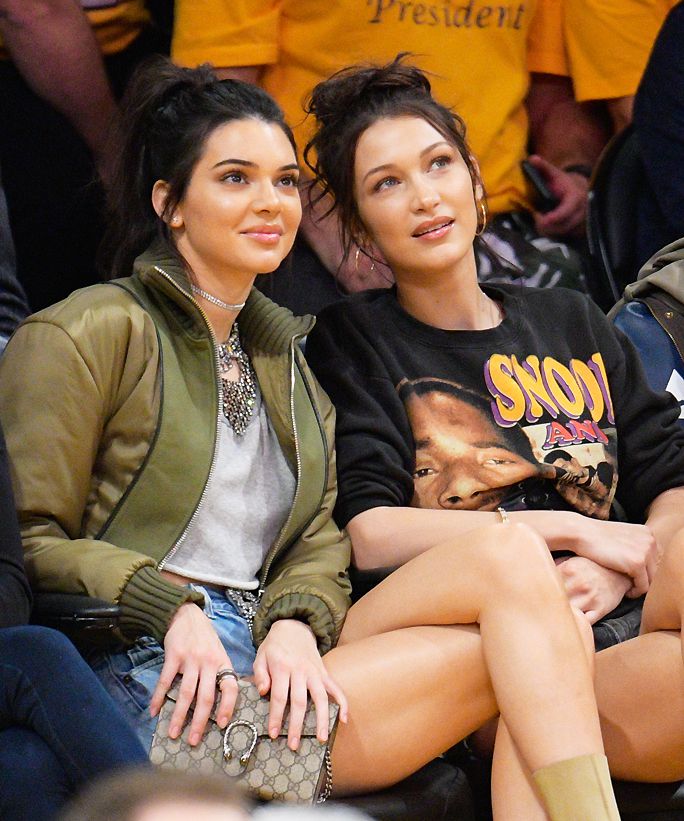LOS ANGELES, CA - NOVEMBER 08:  Kendall Jenner (L) and Bella Hadid attend a basketball game between the Dallas Mavericks and the Los Angeles Lakers at Staples Center on November 8, 2016 in Los Angeles, California.  (Photo by Noel Vasquez/GC Images)