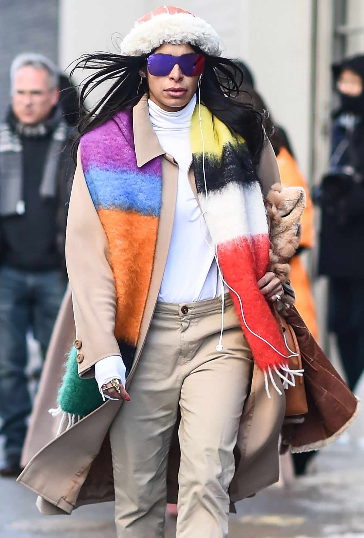 TRENCH COAT AND RAINBOW SCARF