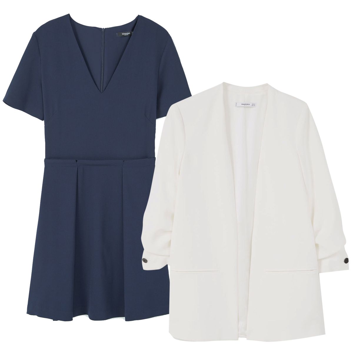 Try a simple navy dress with a white blazer