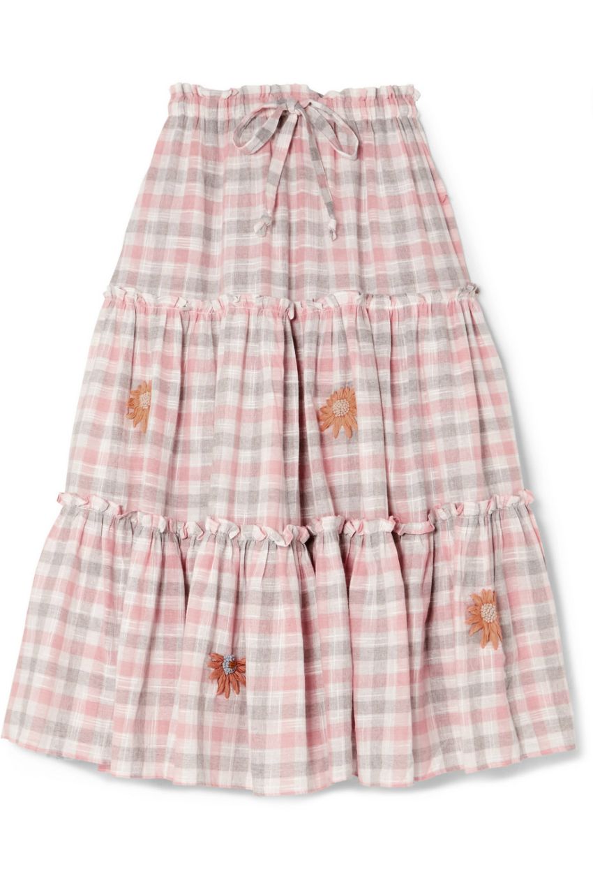 Embroidered Gingham Linen Midi Skirt