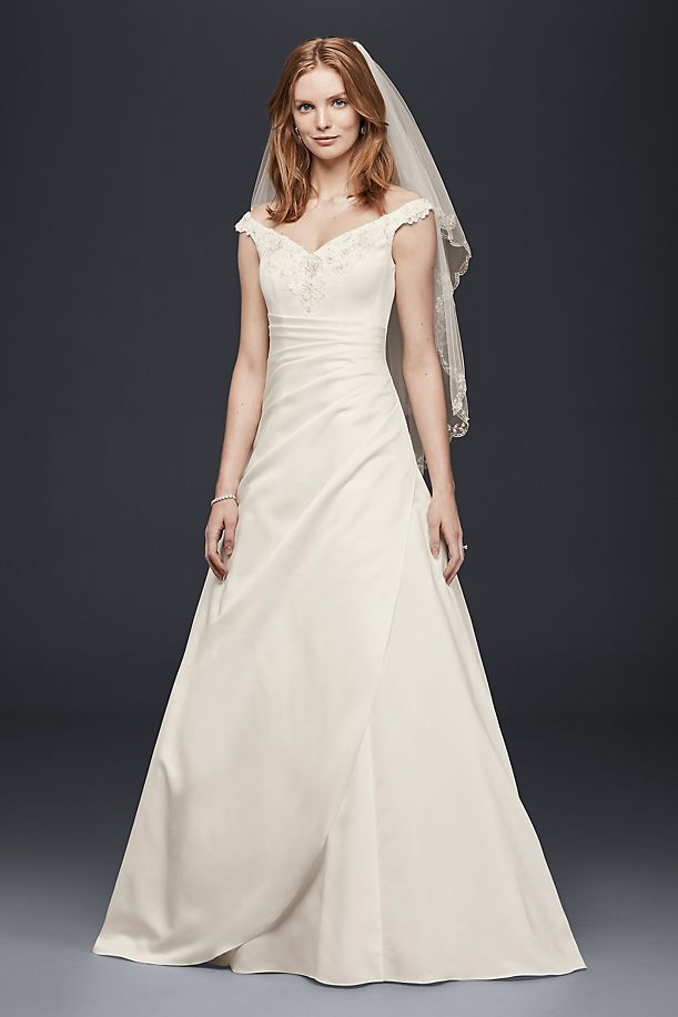 DAVID'S BRIDAL COLLECTION Off-the-Shoulder A-Line Satin Wedding Dress