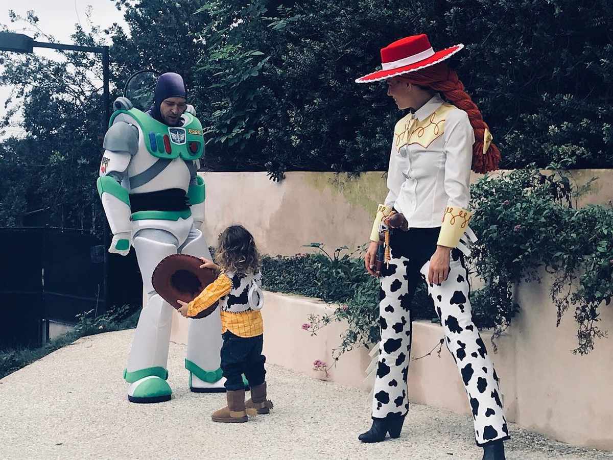 Justin Timberlake, Jessica Biel, and Silas as Toy Story characters