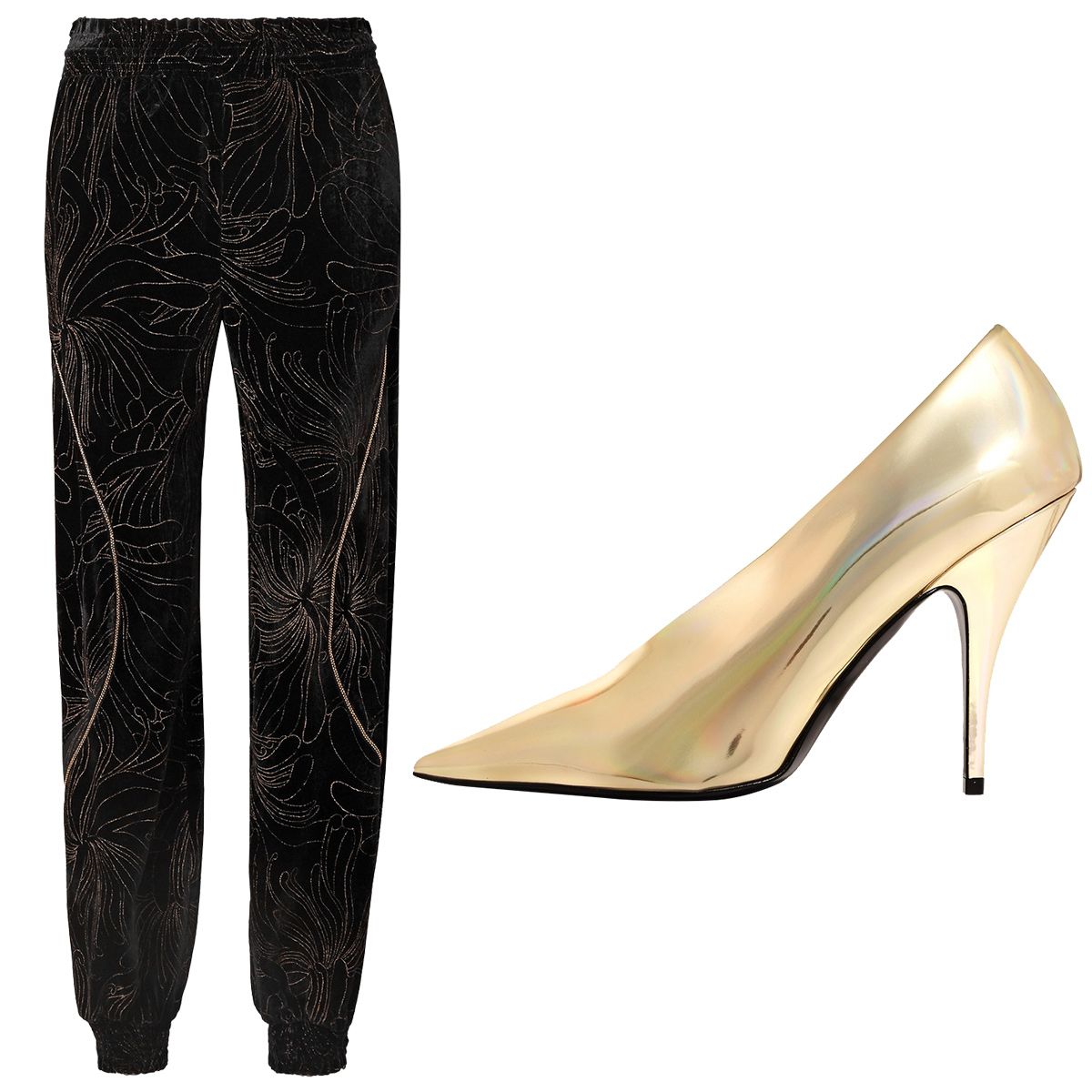 Printed Velvet Pants with Metallic Faux Leather Pumps