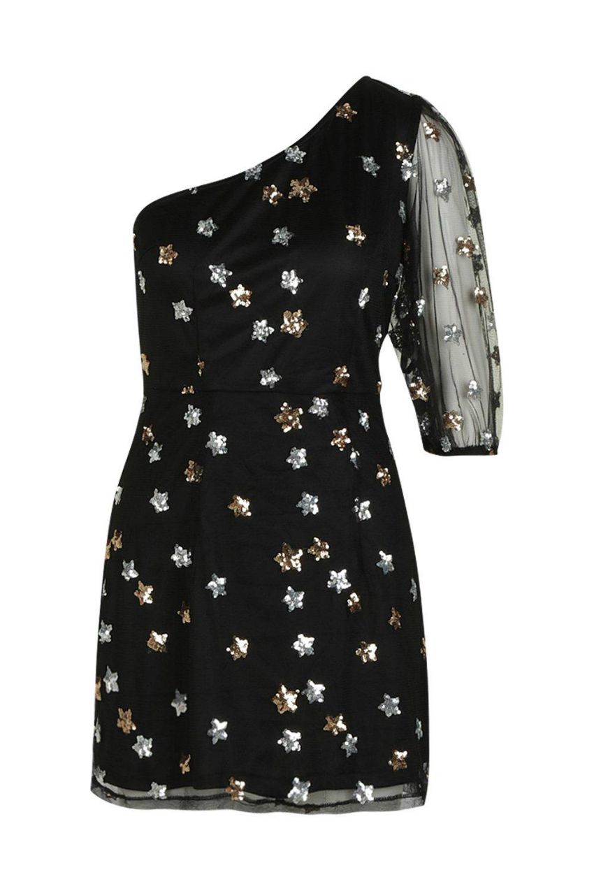 Boohoo Sequin Star Print One-Shoulder Bodycon Dress