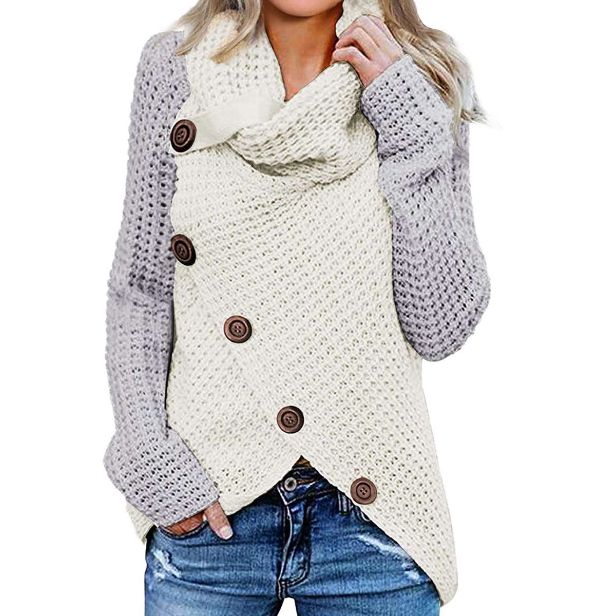 Asvivid Womens Button Turtle Cowl Neck Asymmetric Hem Wrap Pullover Sweater Tops