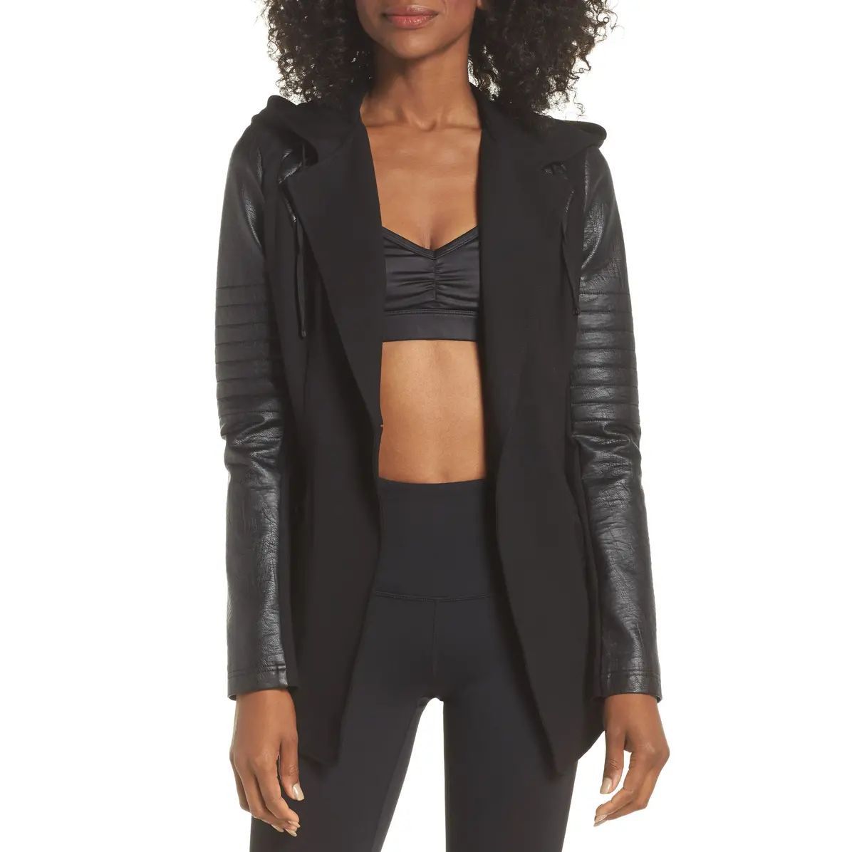 Blanc Noir Hooded Moto Blazer with Faux Leather Sleeves