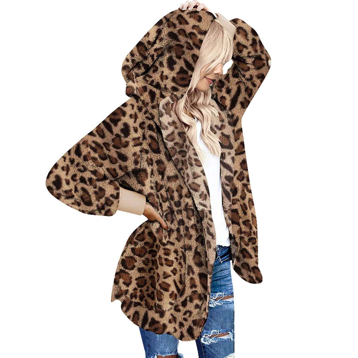 Dokotoo Womens Long Sleeve Solid Fuzzy Fleece Open Front Hooded Cardigans Jacket