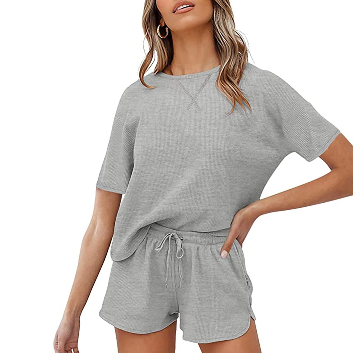 ZESICA Women's Waffle Knit Pajama Set Short Sleeve Top and Shorts Loungewear