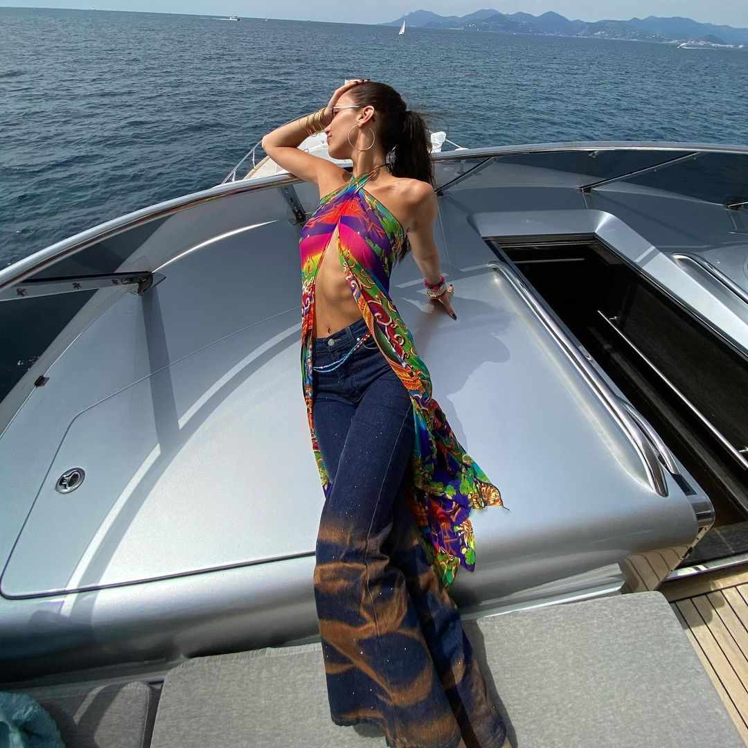 Bella Hadid Wore an Ab-Baring Halter Top on a Yacht in Cannes