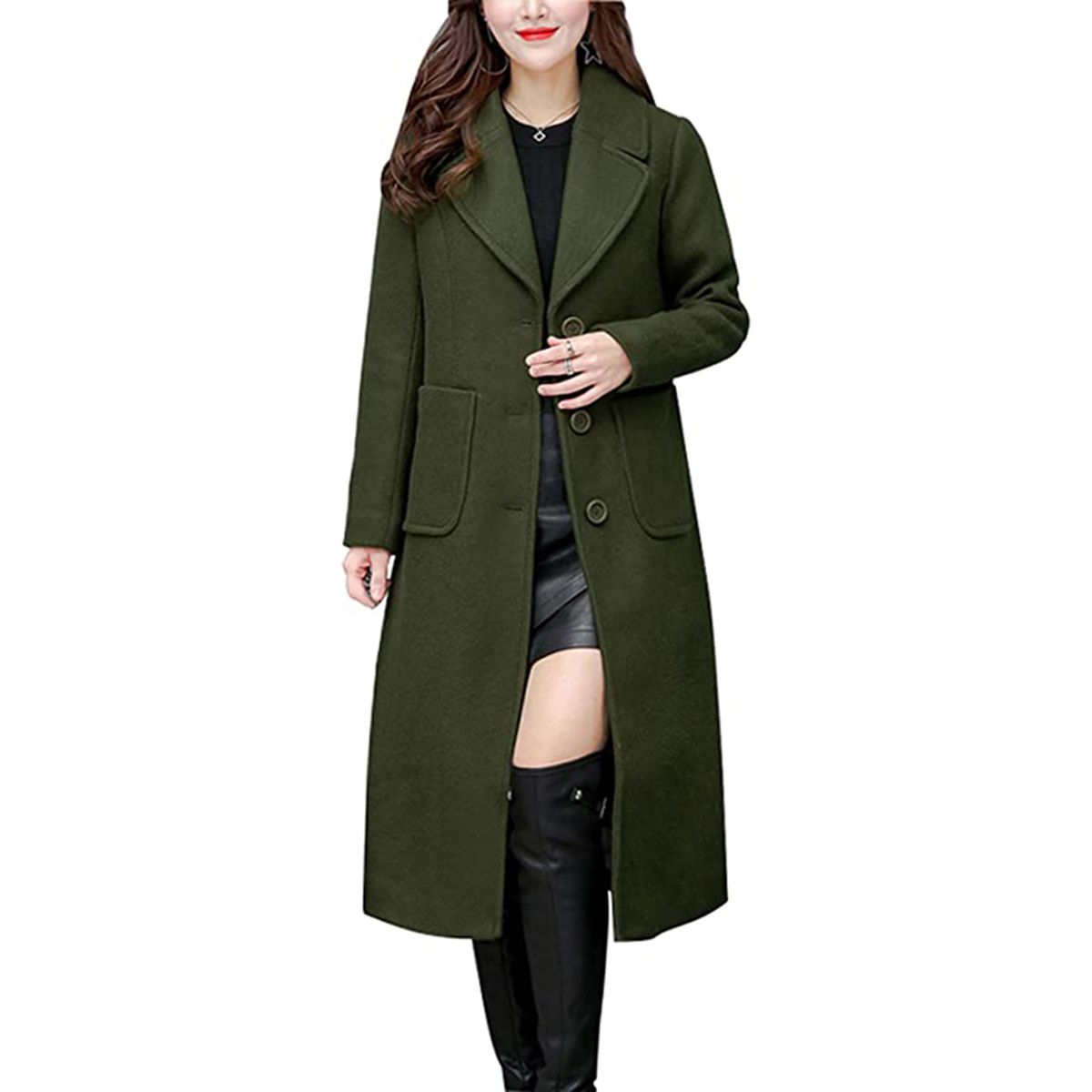 chouyatou Women's Big Notch Lapel Single Breasted Mid-Long Wool Blend Coat