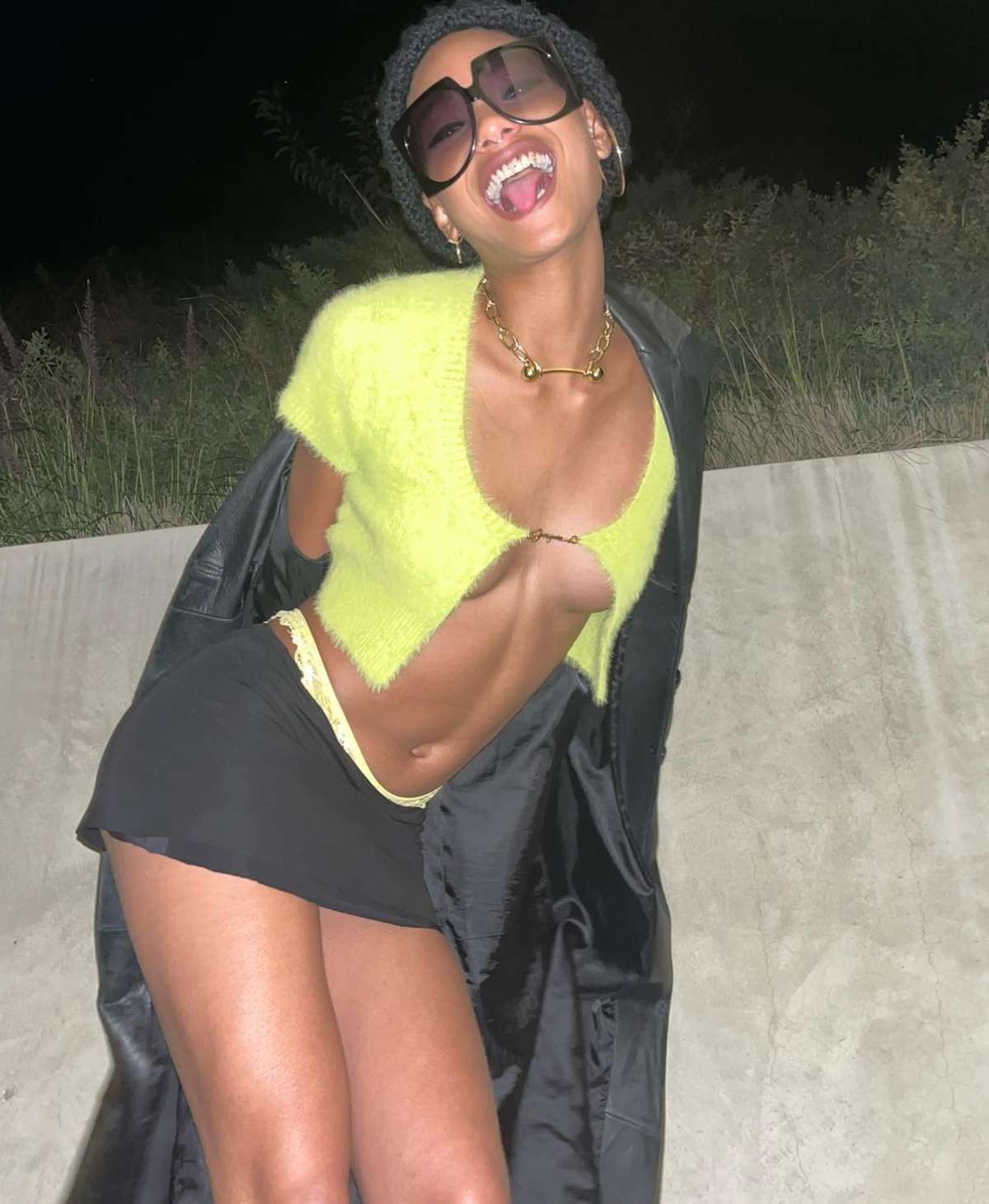 Willow Smith Instagram Jacquemus Neon Green Paperclip Cardigan