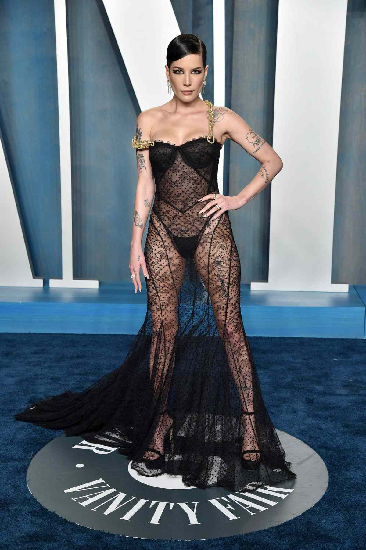 Halsey at Vanity Fair 2022 Oscars party Dolce Gabbana Sheer Dress
