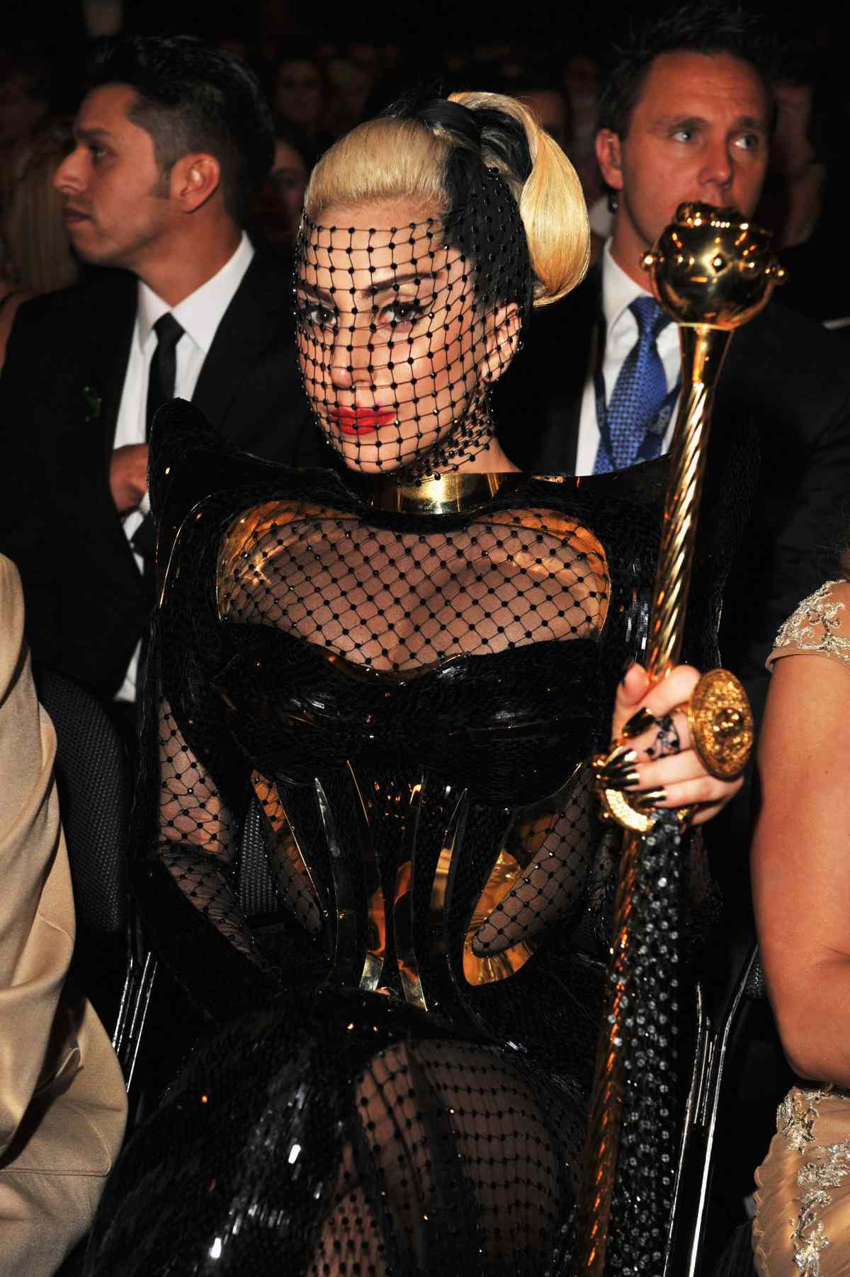 Lady gaga 2012 Grammys black leather face lace mask audience