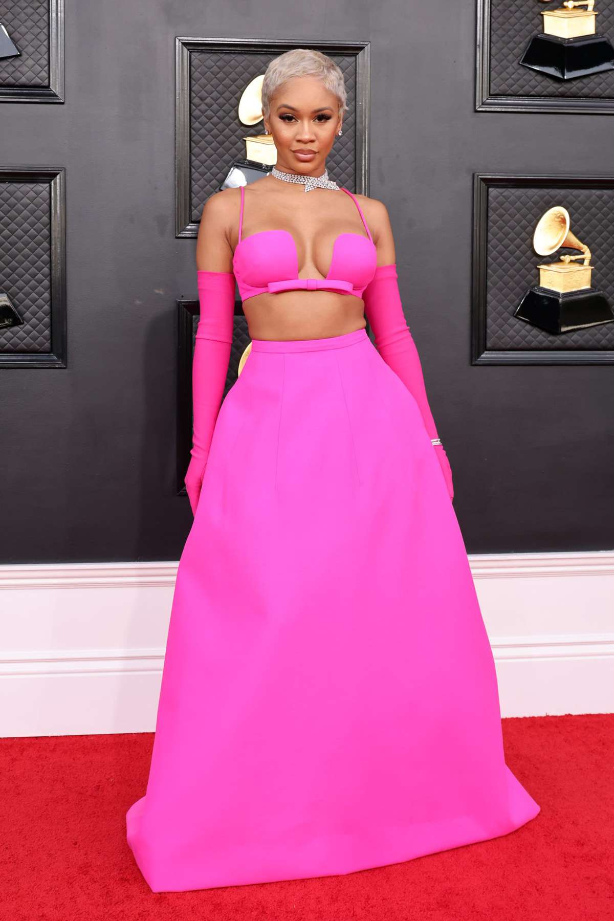 Saweetie 2022 Grammys Red Carpet Pink Bra Top Skirt