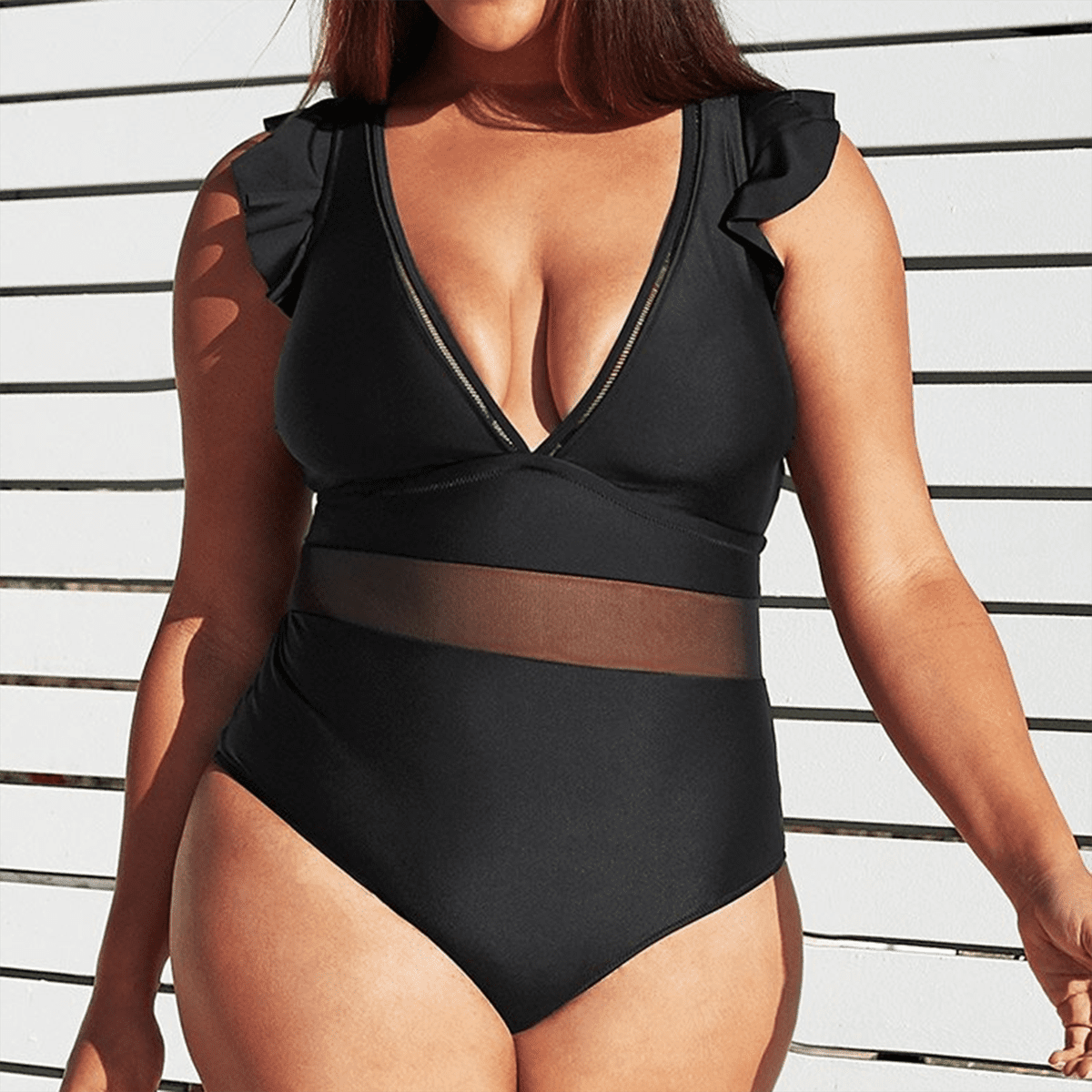 QCool Women Plus Size One Piece Bathing Suits Ruched Tummy Control Mesh Swimsuit Conservative Monokini Swimwear