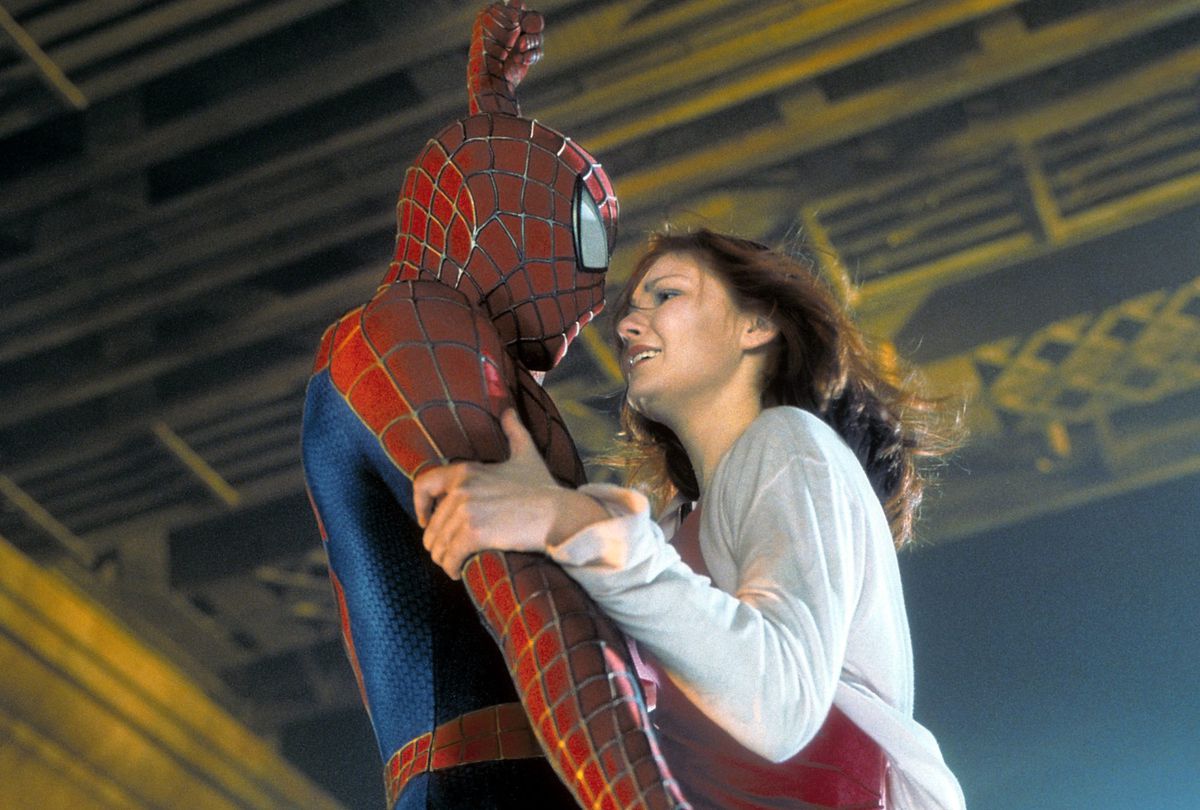 Spiderman and Kirsten Dunst in a scene from the film 'Spiderman', 2002.