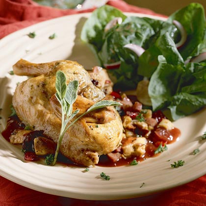 Game Hens with Fruit-and-Sausage Stuffing 