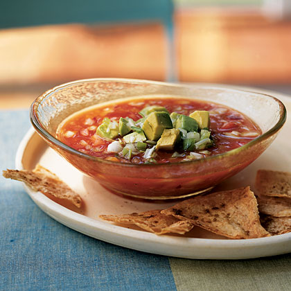 Gazpacho with Avocado and Cumin Chips 