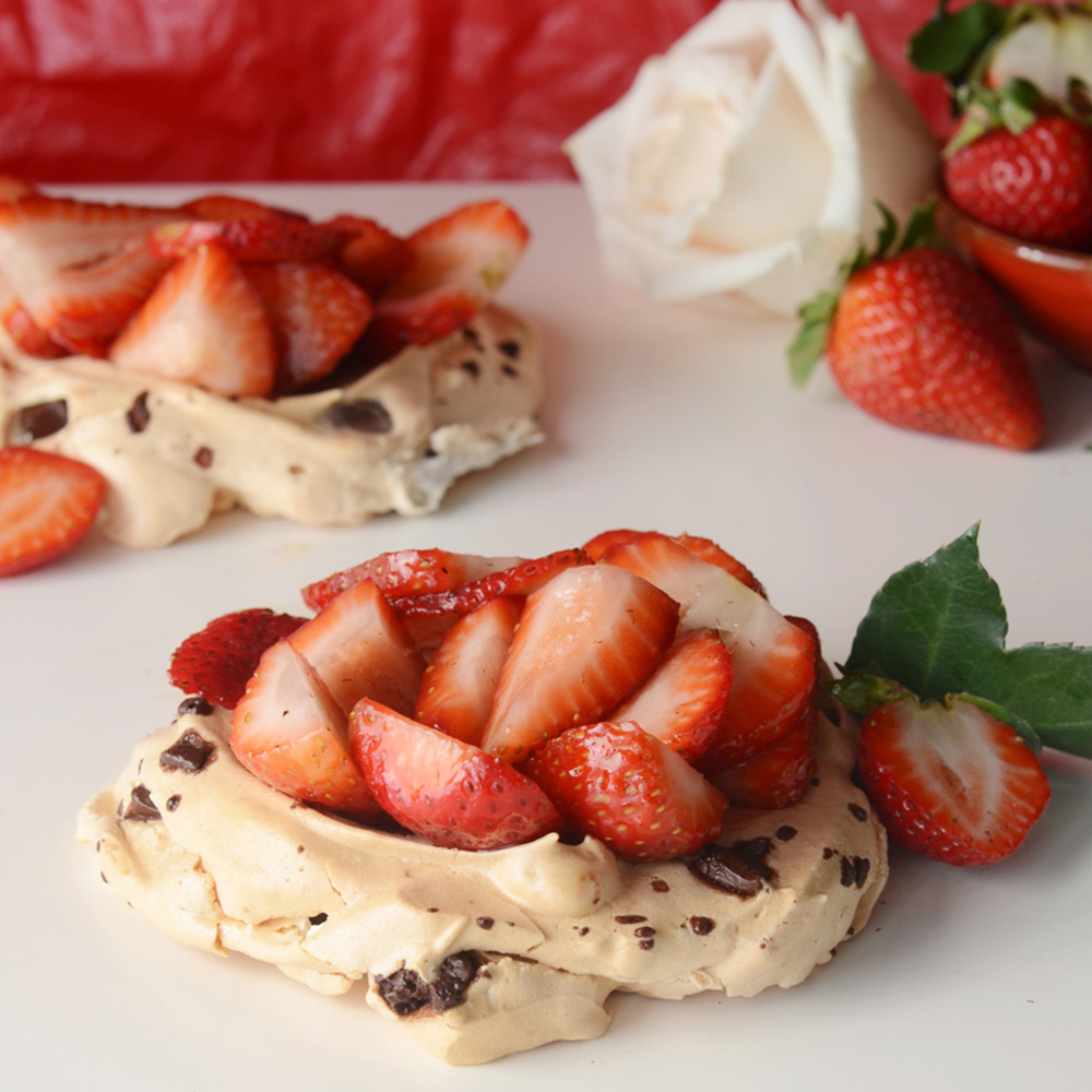 Chocolate Chip Meringues with Strawberries