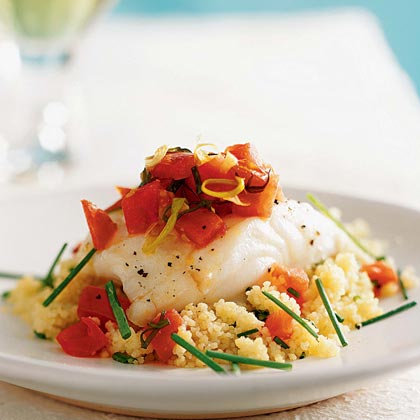 Oven-Roasted Sea Bass with Couscous and Warm Tomato Vinaigrette 