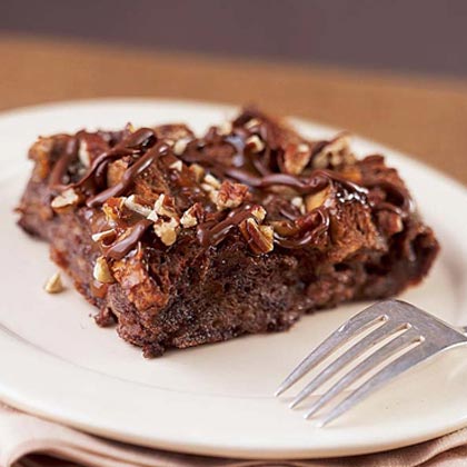 Warm Chocolate Bread Pudding with Turtle Topping 