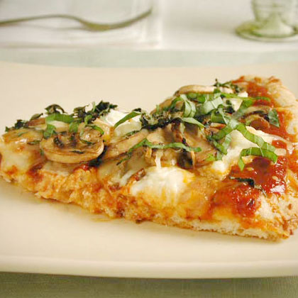 Three-Cheese Pizza with Mushrooms and Basil 