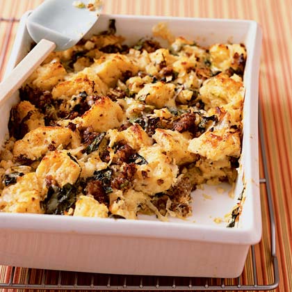 Savory Bread Pudding with Sausage and Escarole 