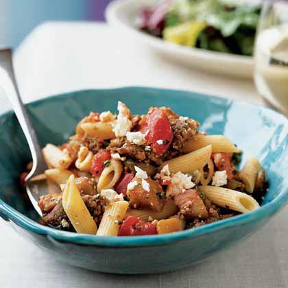 Penne with Sausage, Eggplant, and Feta