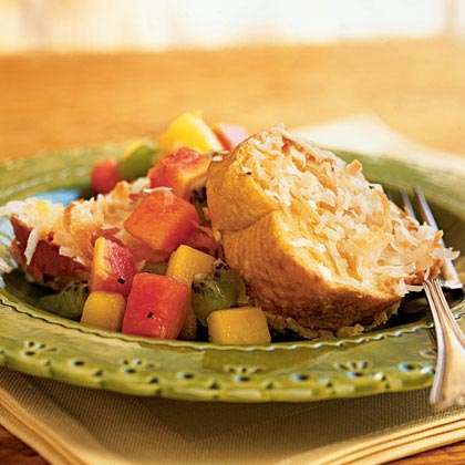 Baked Coconut French Toast with Tropical Fruit Compote 