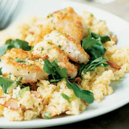 Crunchy Shrimp with Toasted Couscous and Ginger-Orange Sauce 