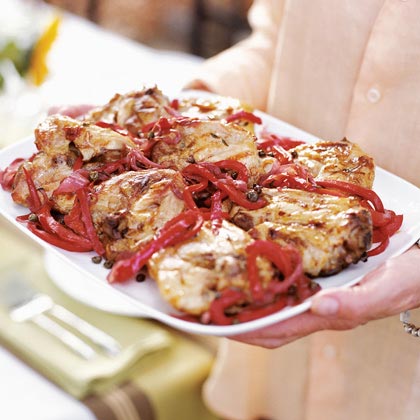Grilled Chicken Thighs with Sweet Onions and Peppers 