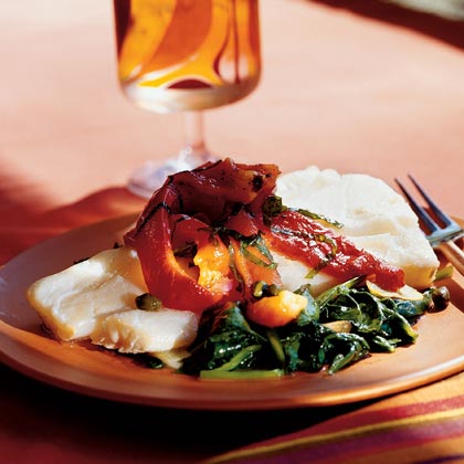 Poached Cod with Roasted Peppers, Capers, and Spinach 