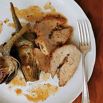 Fennel-Crusted Pork with Roasted Artichokes 