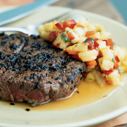 Sesame-Crusted Beef Tenderloin Steaks with Pineapple, Mango, and Red Pepper Relish 