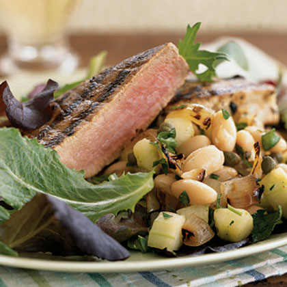 Grilled Tuna with White Bean and Charred Onion Salad 