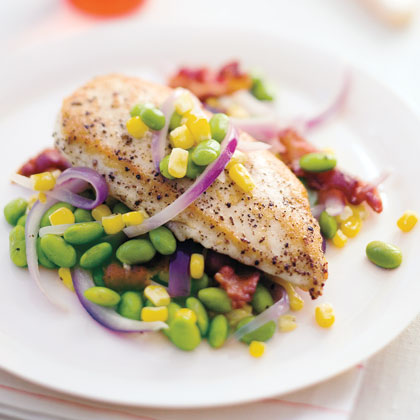 Saut&eacute;ed Chicken with Corn and Edamame 