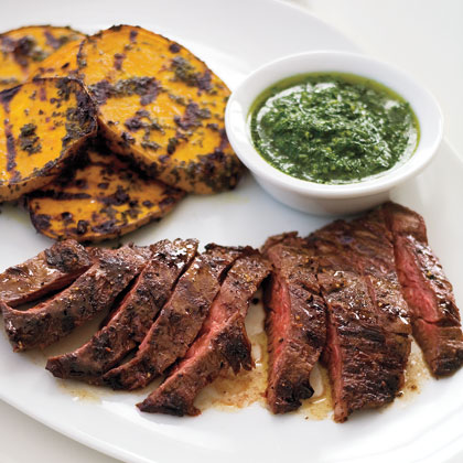 Grilled Skirt Steak and Potatoes with Herb Sauce 