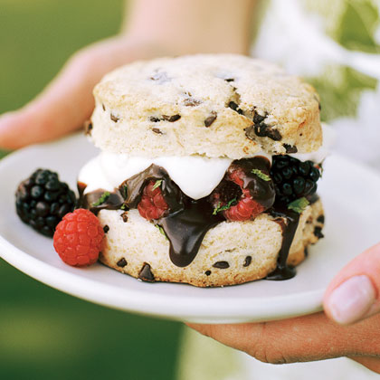 Chocolate-chip Shortcakes with Berries and Dark Chocolate Sauce 