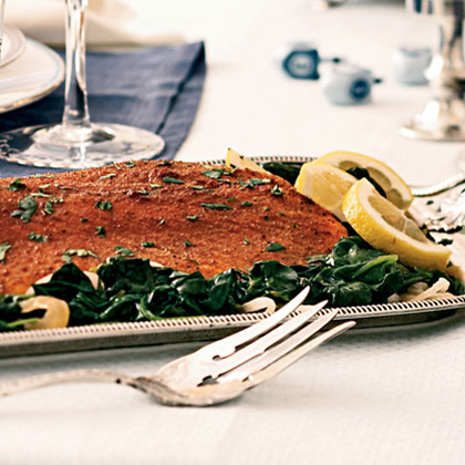 Spice-Rubbed Roasted Salmon with Lemon-Garlic Spinach 