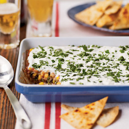 Party Bean Dip with Baked Tortilla Chips