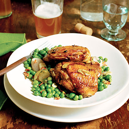 Grilled Chicken Thighs with Peas and Shallots 