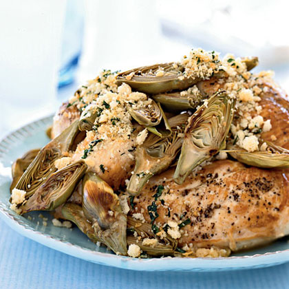 Oven-Roasted Chicken Breasts with Artichokes and Toasted Breadcrumbs 